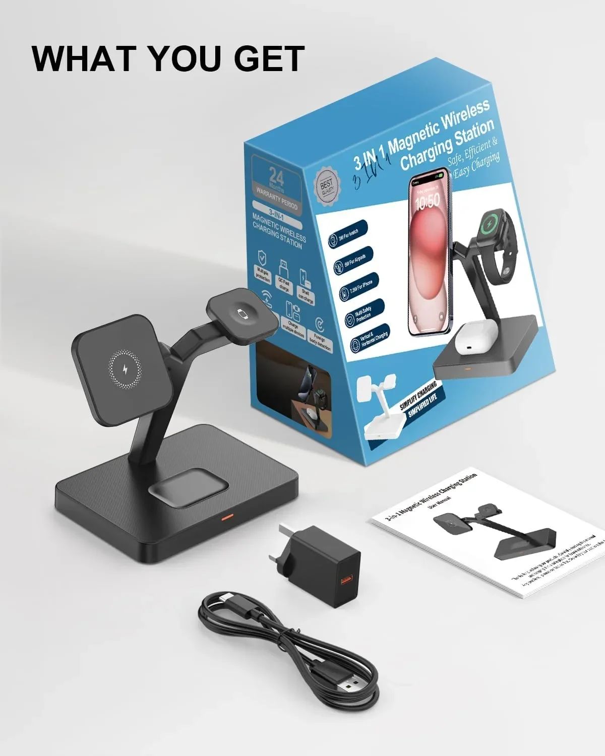 GEEKERA 3-в-1 магнитна зарядна станция Magsafe за iPhone, с Apple Watch и AirPods — снимка 7
