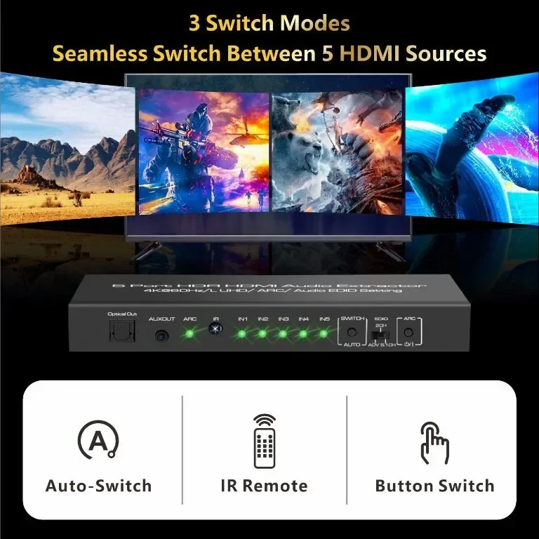 iArkPower 5 входа - 1 изход 4K@60Hz HDMI суич - аудио екстрактор с оптичен и 3,5 mm изход — снимка 3