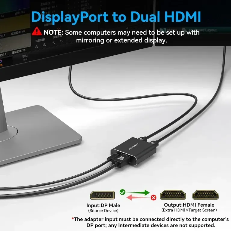 DGYBDFC 4K60Hz Displayport към двоен HDMI адаптер, DP 1.4 към 2х HDMI 2.0 — снимка 4