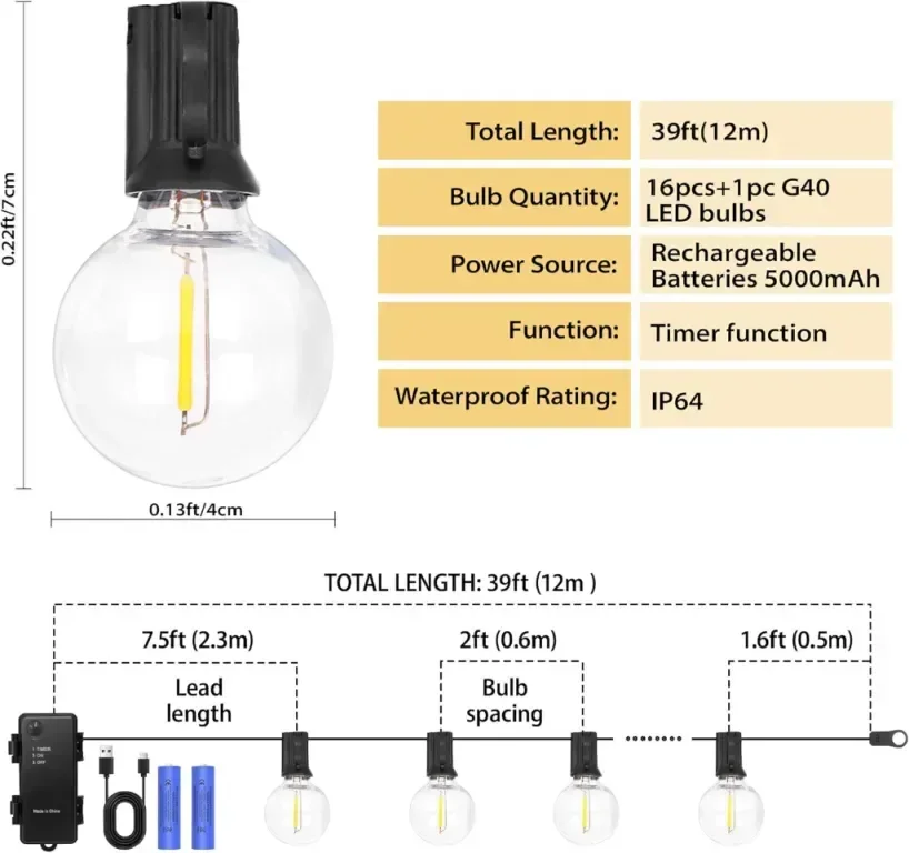 DSLebeen Festoon Lights, акумулаторна 5000mAh батерия, G40 LED стрингови светлини, 12 м, топло бяло — снимка 4