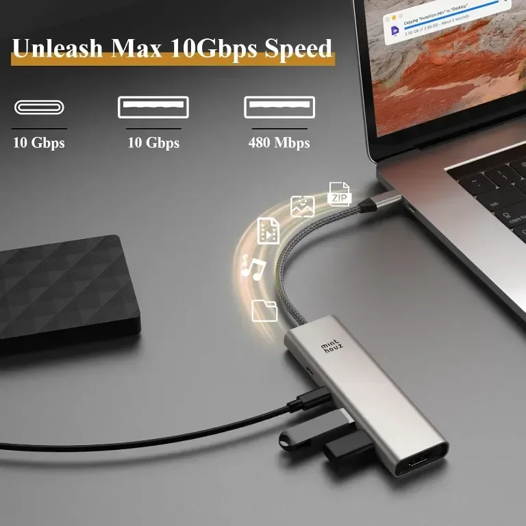 Minthouz USB C хъб, 5 в 1 многопортов адаптер, USB C към HDMI с 4K@60Hz, 140W PD, 2 Type-A&1*Type-С — снимка 4