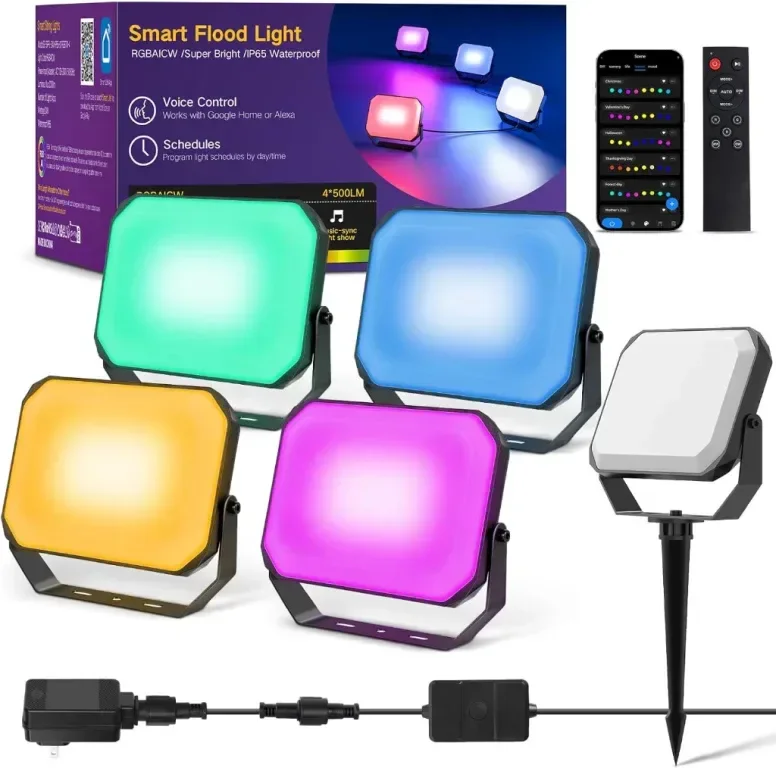 OUTON V2 Смарт външни LED прожектори RGBAICW, приложение и дистанционно, 4 броя, IP65