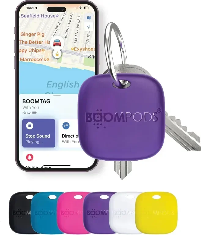 Boompods Boomtag Bluetooth устройство за проследяване, тракер, съвместим с Apple Find My App, лилав