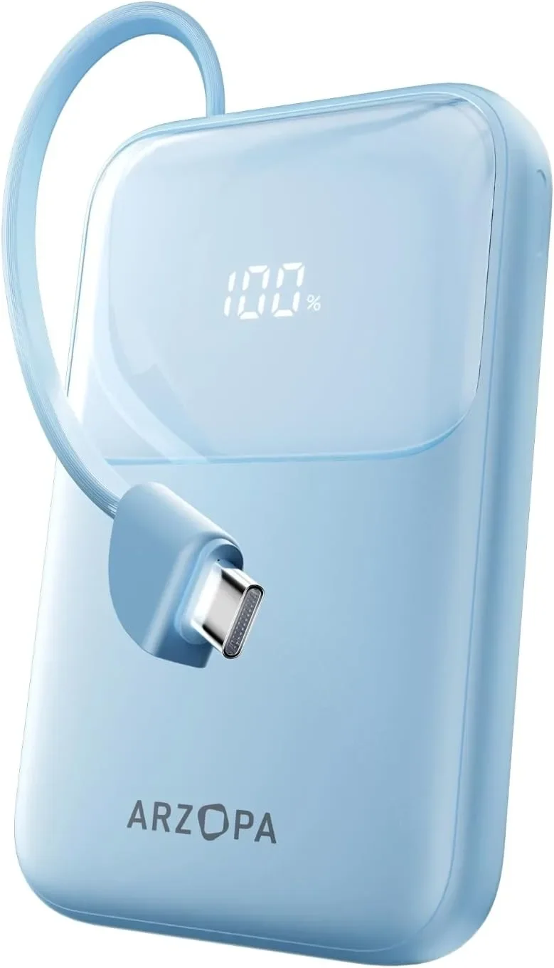 ARZOPA PB01 Power Bank 10000 mAh с вграден USB-C кабел и бързо зареждане до 22.5W