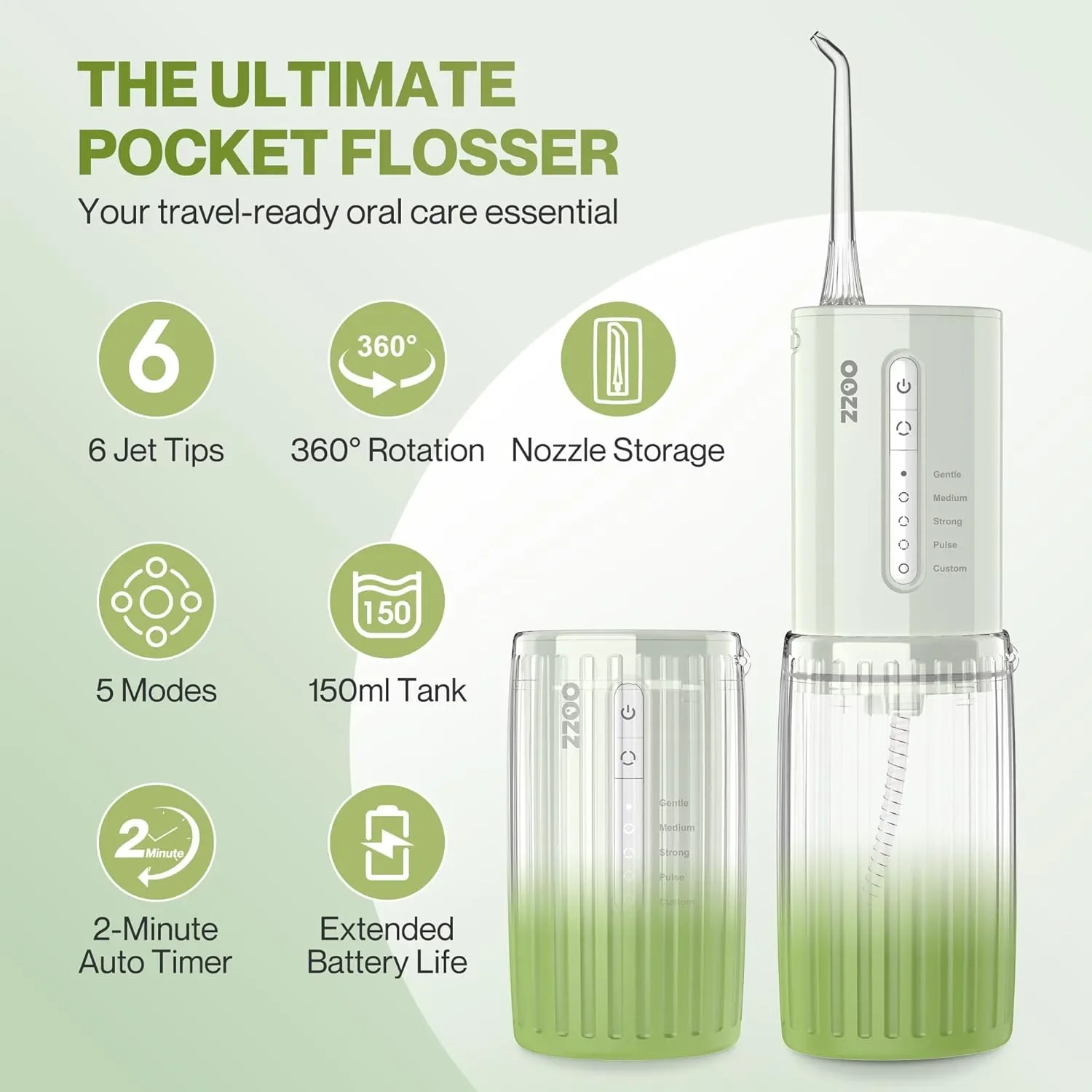 OOZZ Travel Water Flosser — преносим зъбен душ система за зъби с 6 накрайника и IPX8 — снимка 5