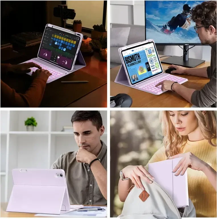 Калъф BQDIYOO с клавиатура за iPad 10-то поколение 10,9 инча, 7 цвята подсветка, лилав — снимка 8