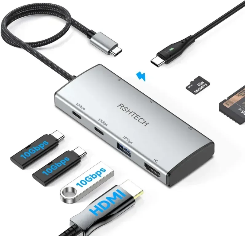 RSHTECH 10Gbps USB C хъб, 7-в-1 USB C многопортов адаптер с 4K HDMI, USB-A 3.2, 2 USB-C 3.2