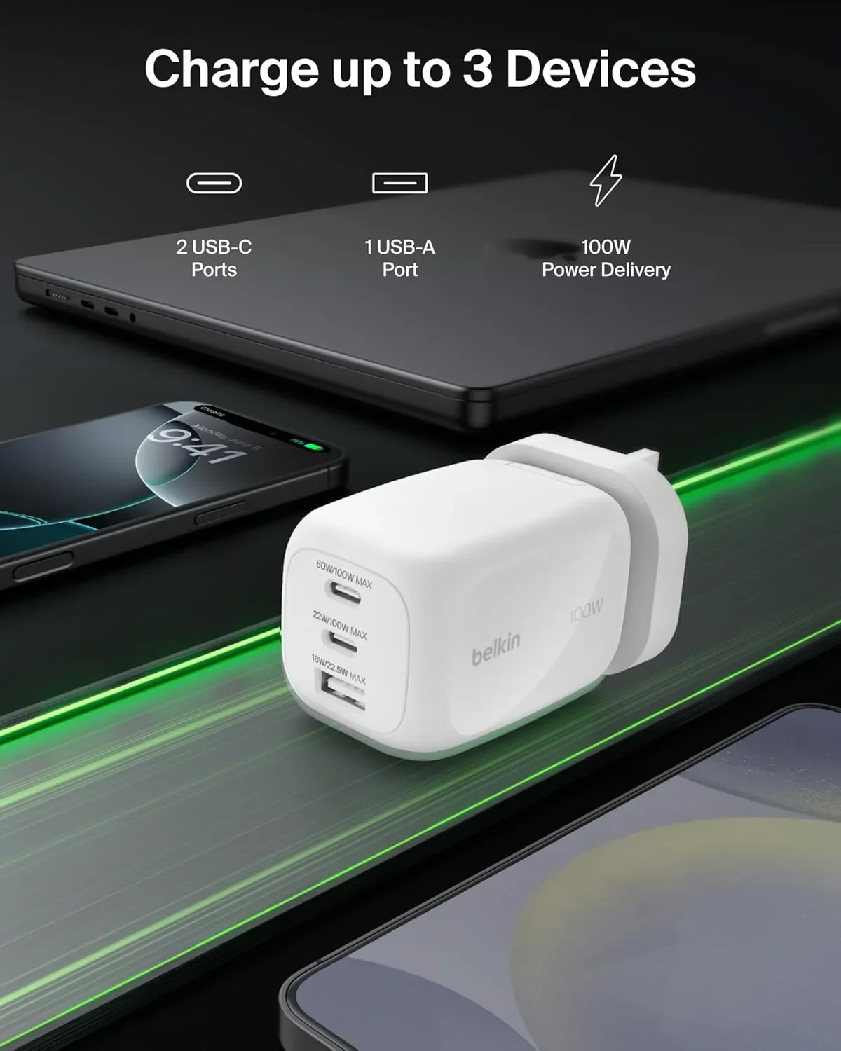 Belkin 100W GaN зарядно с 2x USB-C и 1x USB-A (3 порта) — снимка 2