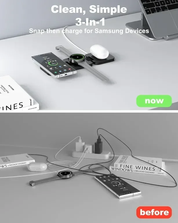 Безжично зарядно устройство KU XIU за Samsung, пътна магнитна 3 в 1 сгъваема станция за зареждане — снимка 5