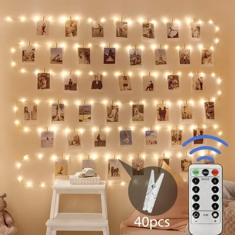 Феерични лампички, 2 броя по 12 метра/120 LED и 40 щипки, дистанционно, таймер, USB захранване