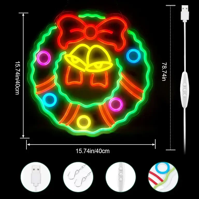 Коледен венец FITNATE LED неонова табела—празнична украса, 5 нива на яркост, USB захранване — снимка 2