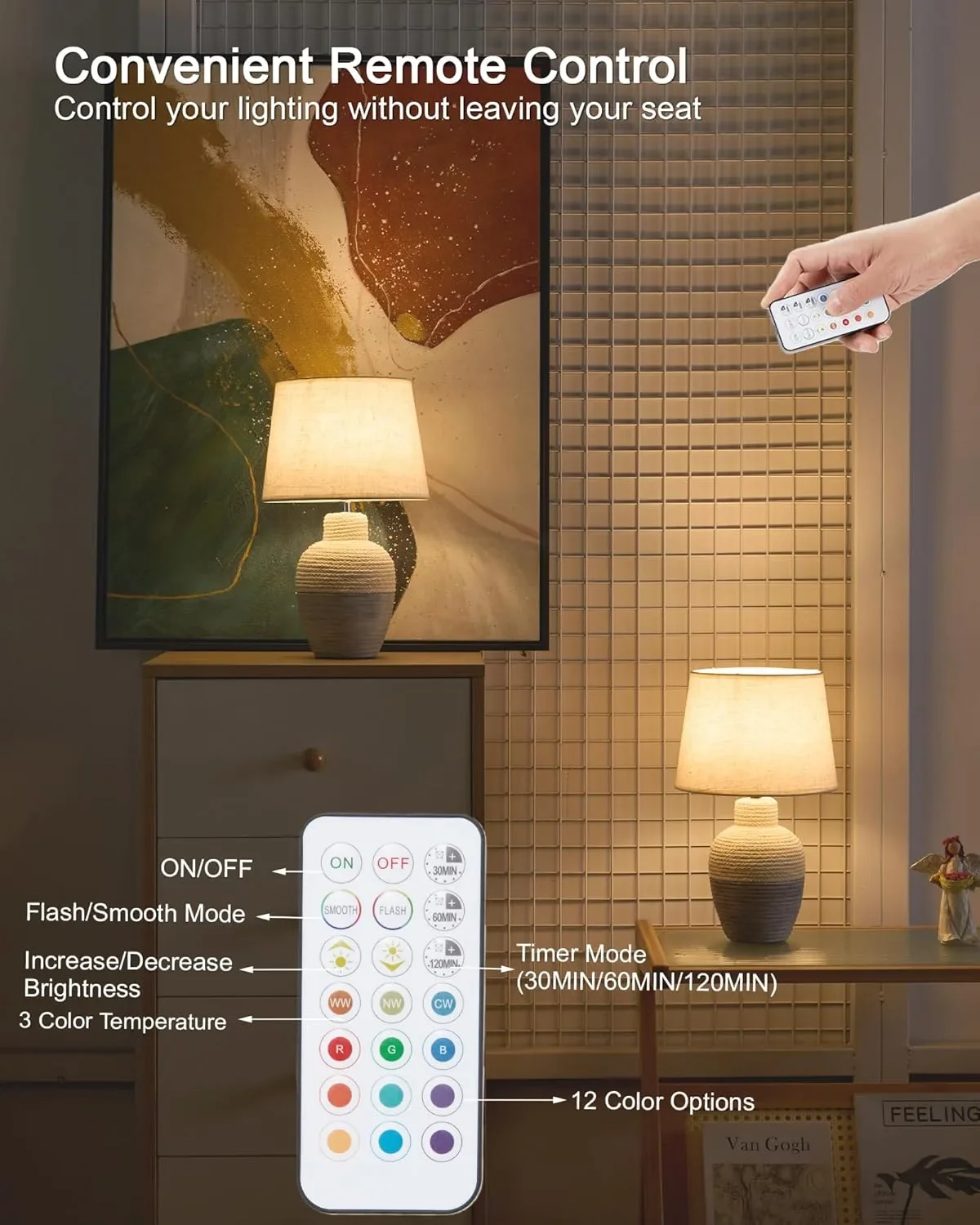 Безжима преносима LED нощна лампа с димер и RGB/температури, USB-C, дистанционно, таймер — снимка 6
