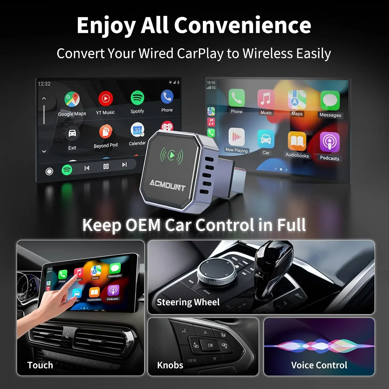 ACMOUNT 2-в-1 безжичен CarPlay и Wireless Android Auto адаптер (iOS 10+ / Android 11+) — снимка 2