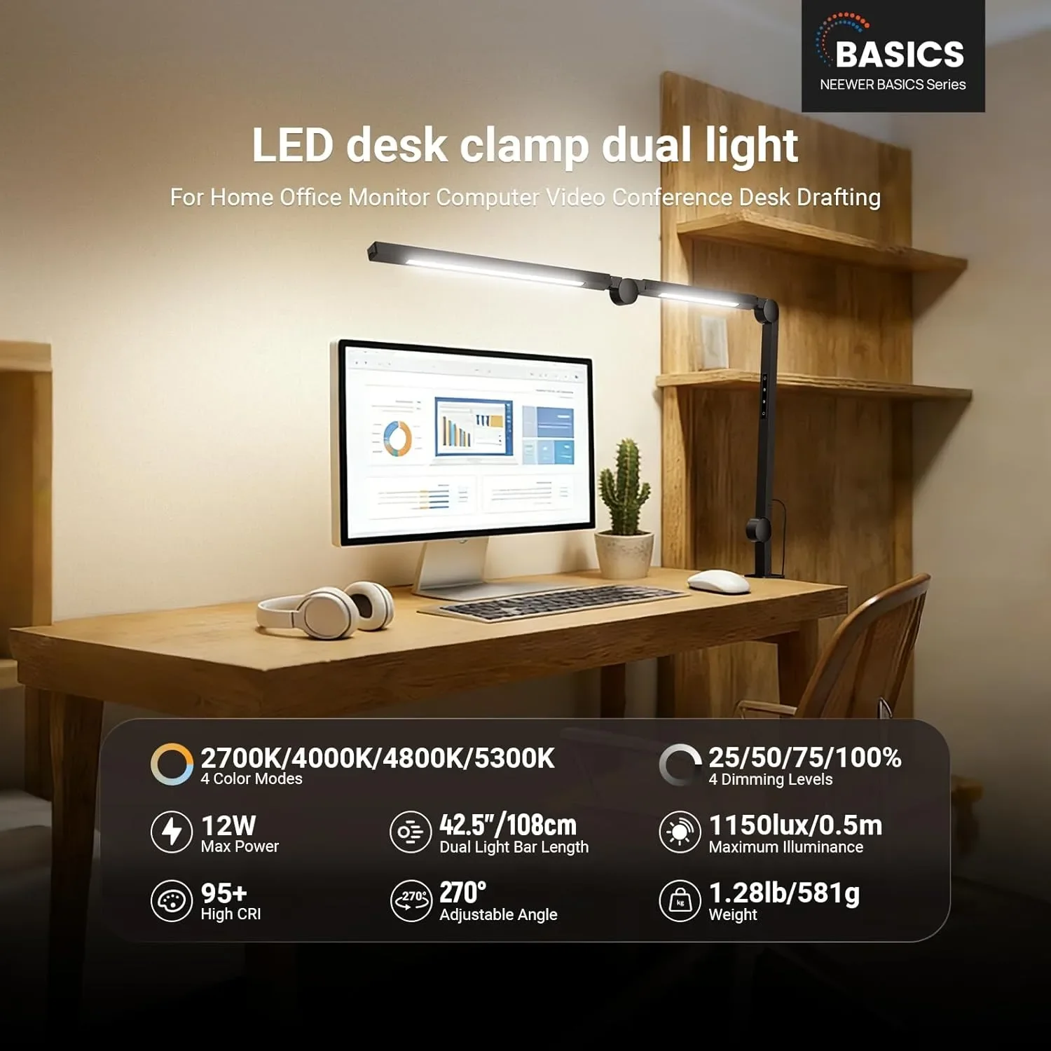 LED настолна лампа NEEWER ME-DL02 108 см с щипка, двойна светлинна лента, 12W, CRI95+ — снимка 2