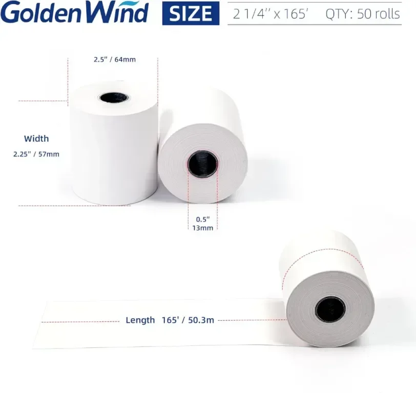 50 ролки, термохартия GOLDEN WIND 2 1/4 x 165 фута, 55GSM първокласно качество, бяла, 57 * 64 mm — снимка 2