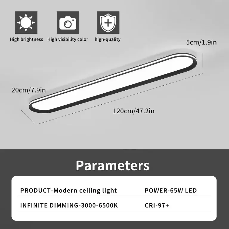 Метална LED таванна лампа Naroume, тънка,65W пълен спектър,6500K,120см — снимка 3