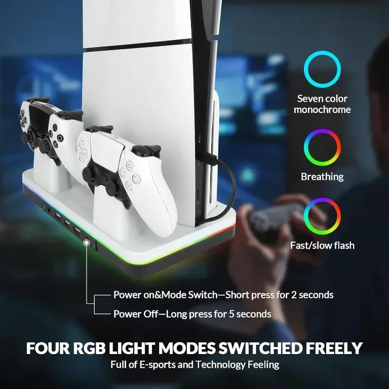 reiie многофункционална охлаждаща стойка PS5 Slim, за два контролера, RGB и вентилатор — снимка 7