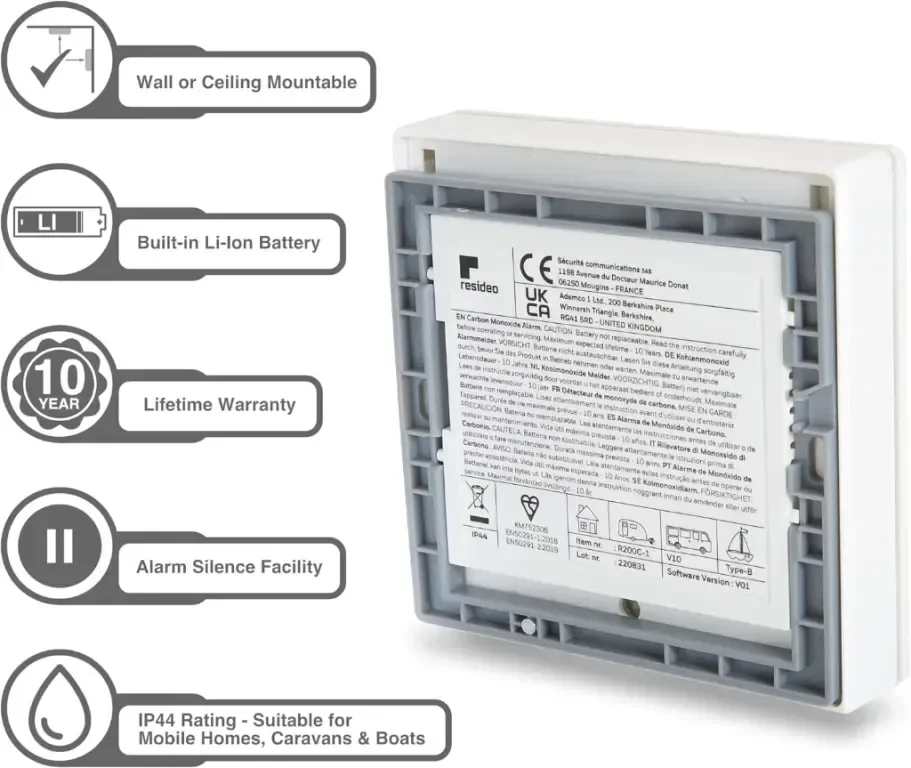 Honeywell R200C-1 CO детектор за въглероден окис 10 години батерия CO2 аларма — снимка 2