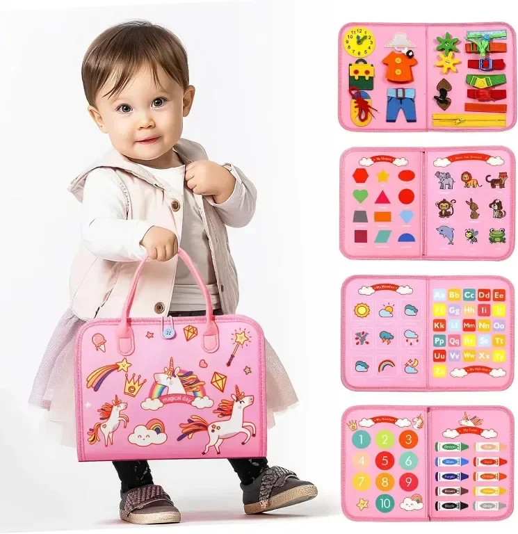 EVERGD Busy Board Montessori Универсална 7 в 1 образователна дъска, (еднорог, 3 слоя)
