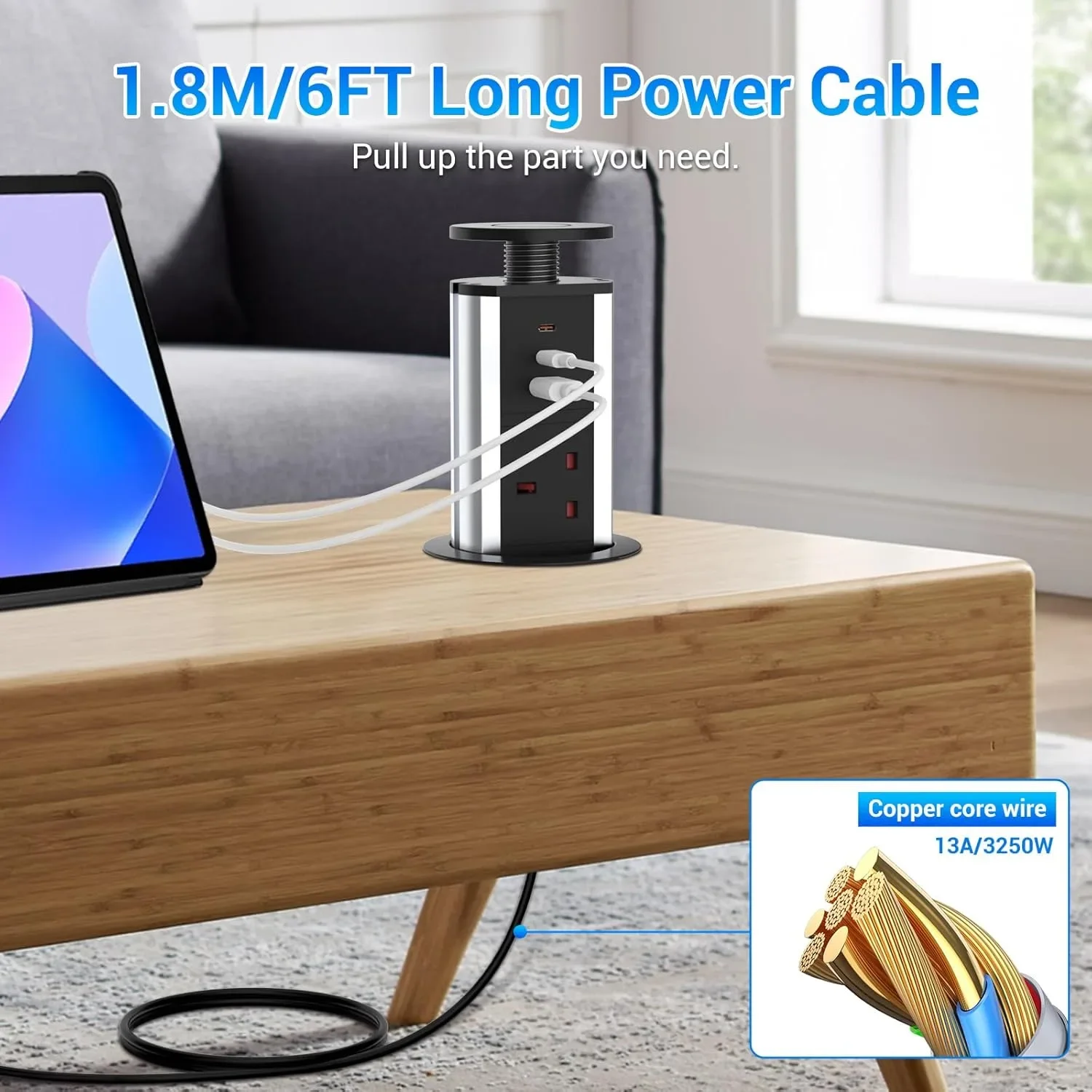 Hanstore Pop-Up разклонител с издърпващ модул, 3 гнезда и 3 порта (2x Type-C и 1x USB-A) — снимка 3