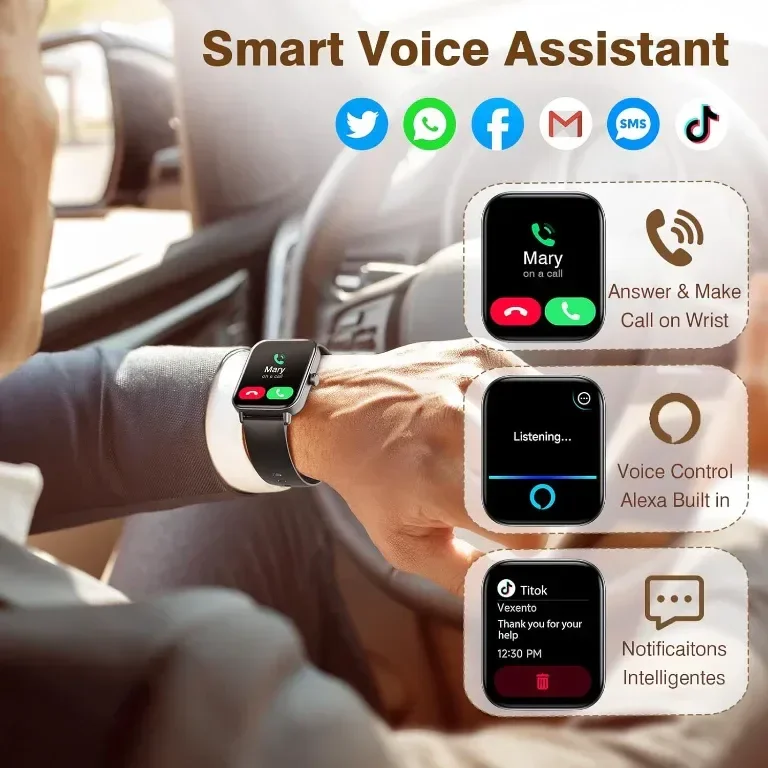 Смарт часовник за мъже с вградена Alexa, 1.8", над 100 спортни режима, IP68, за iOS и Android
