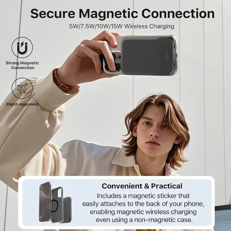 Nobis магнитна външна батерия 5000mAh с вграден кабел, QC 3.0 22.5W PD, черна — снимка 2