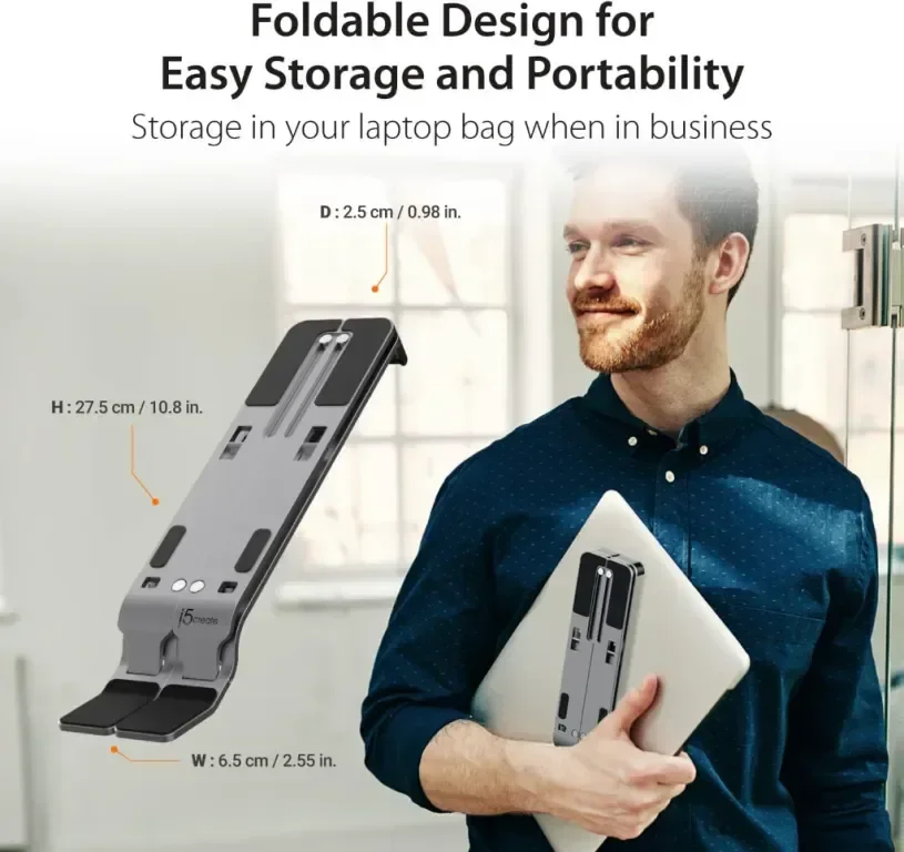 j5create Сгъваема алуминиева стойка за лаптоп с USB3.2 4-портов хъб, преносима до 16 инча (JTS223) — снимка 7