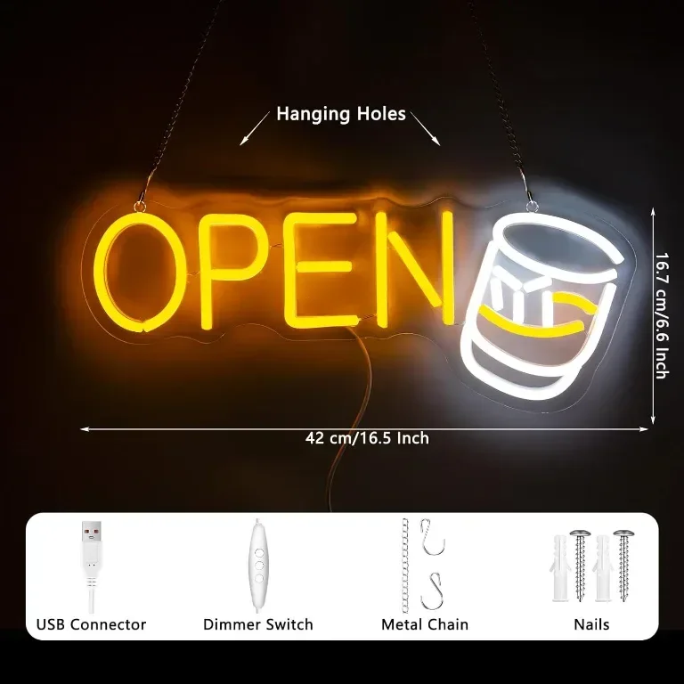 YSUIEC Whiskey Open LED неонова табела, димируема, USB захранване — снимка 2