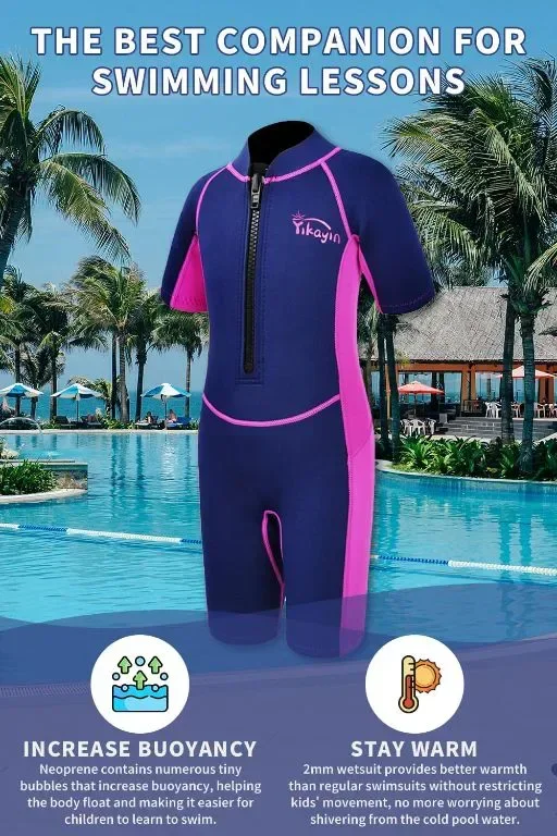 Yikayin Детски неопренов костюм Shorty, 2 mm Premium CR, розов, 10-13 години (L) — снимка 5