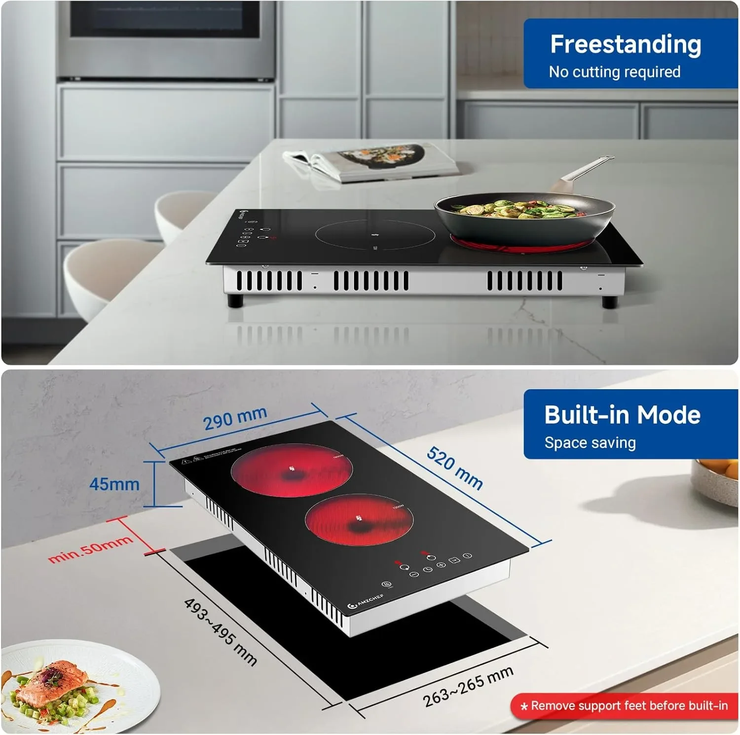 Керамичен котлон AMZCHEF, 3000 W, 2 зони, 9 нива на мощност, таймер — снимка 4