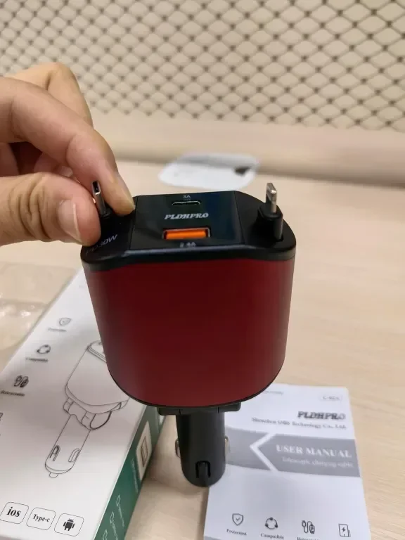 PLDHPRO Red 4 в 1 прибиращо се зарядно за кола, 80W с 82 см прибиращ се USB-C и iOS кабел — снимка 6