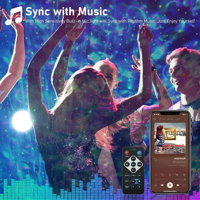 Mycket Звезден LED проектор музикална нощна светлина океански вълни, Bluetooth, дистанционно — снимка 4