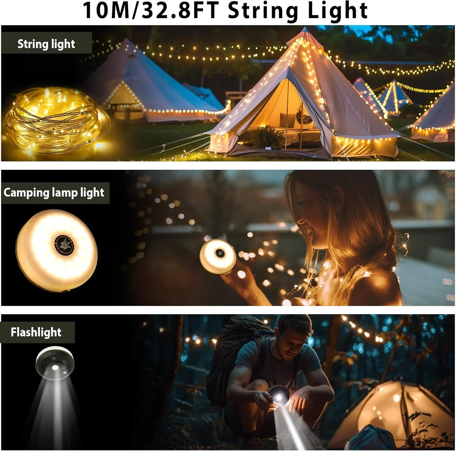 LED къмпинг гирлянд 10 м, 3 в 1: гирлянд/лагерна лампа/фенер, водоустойчиви, 8 режима, топло бяло — снимка 2