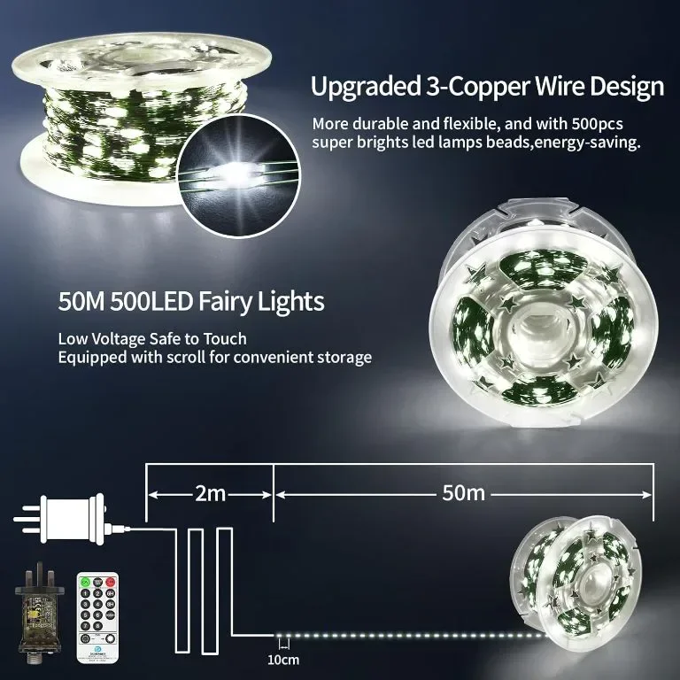 50M Приказни светлини 500 LED, 8 режима, дистанционно, таймер, IP65 — снимка 8