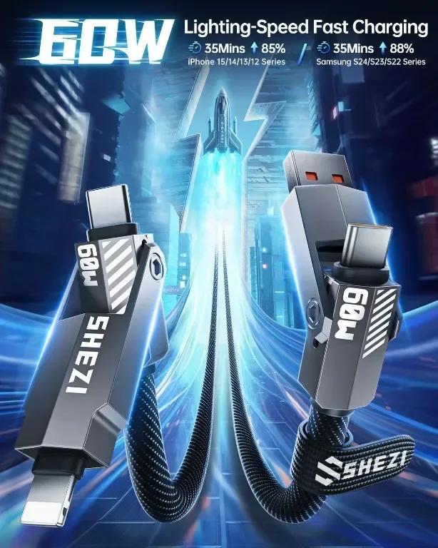 SHEZI 4 в 1 кабел за зареждане/данни с Lightning/Type C/USB A порт, 3 метра — снимка 3