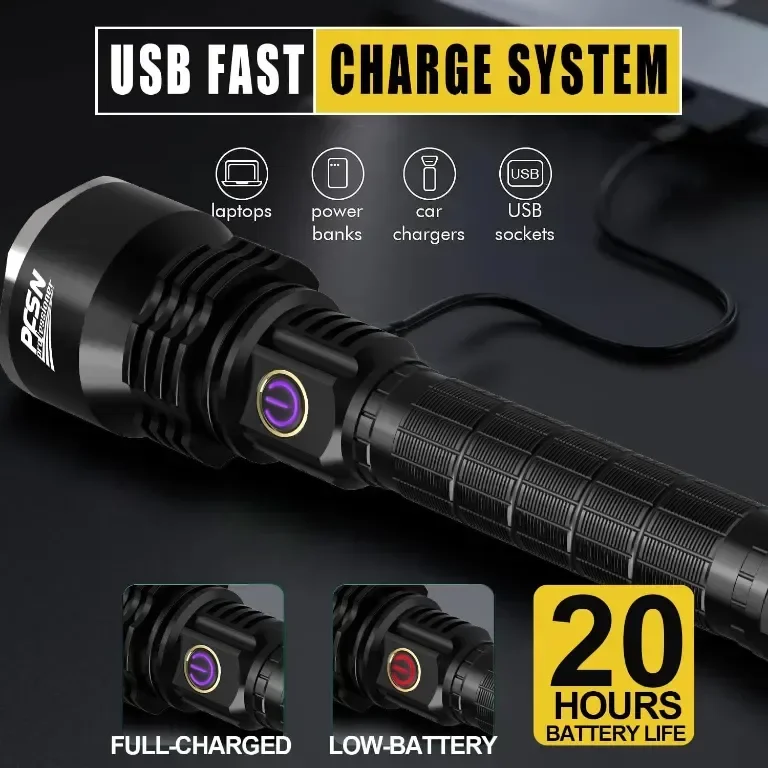 PFSN фенер LED супер ярък - 6000 лумена USB C акумулаторно фенерче с 400M дълъг лъч, водоустойчив — снимка 4
