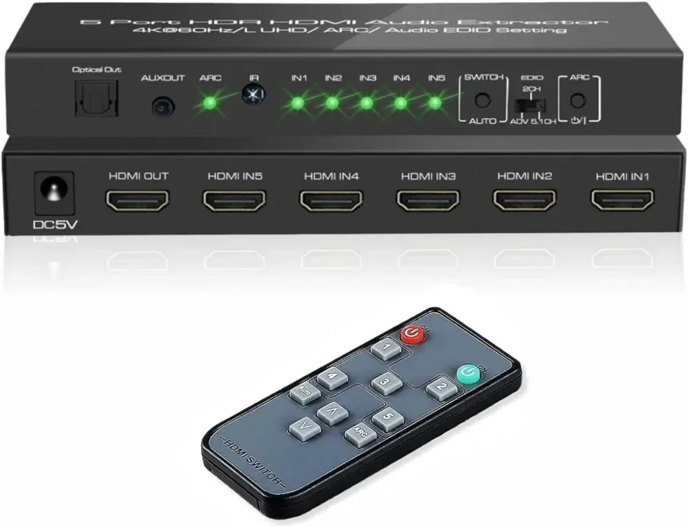 iArkPower 5 входа - 1 изход 4K@60Hz HDMI суич - аудио екстрактор с оптичен и 3,5 mm изход