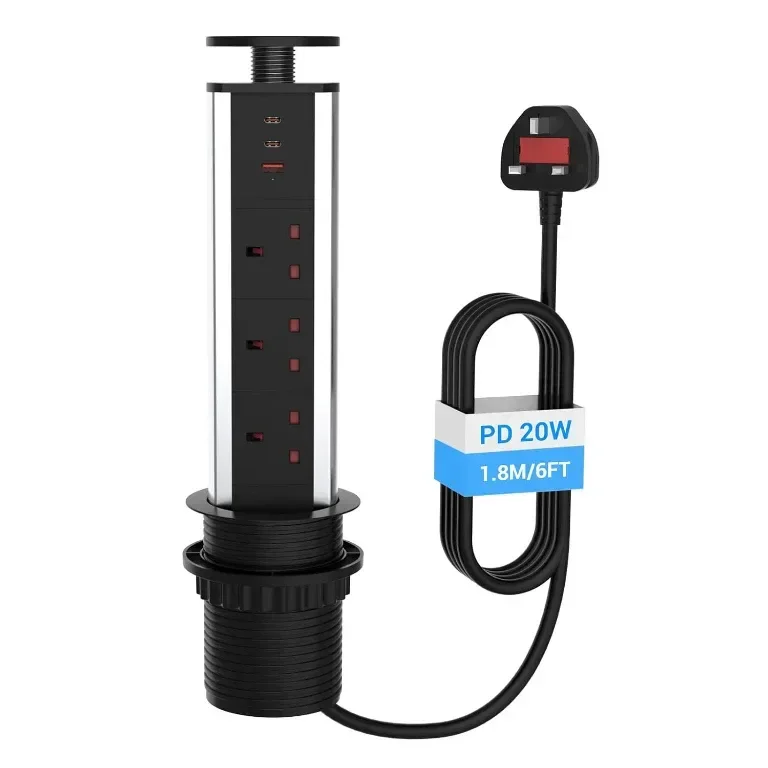 Hanstore Pop Up Socket Издърпващ се разклонител с 3 гнезда, 2 Type-C и 1 USB порт за зареждане