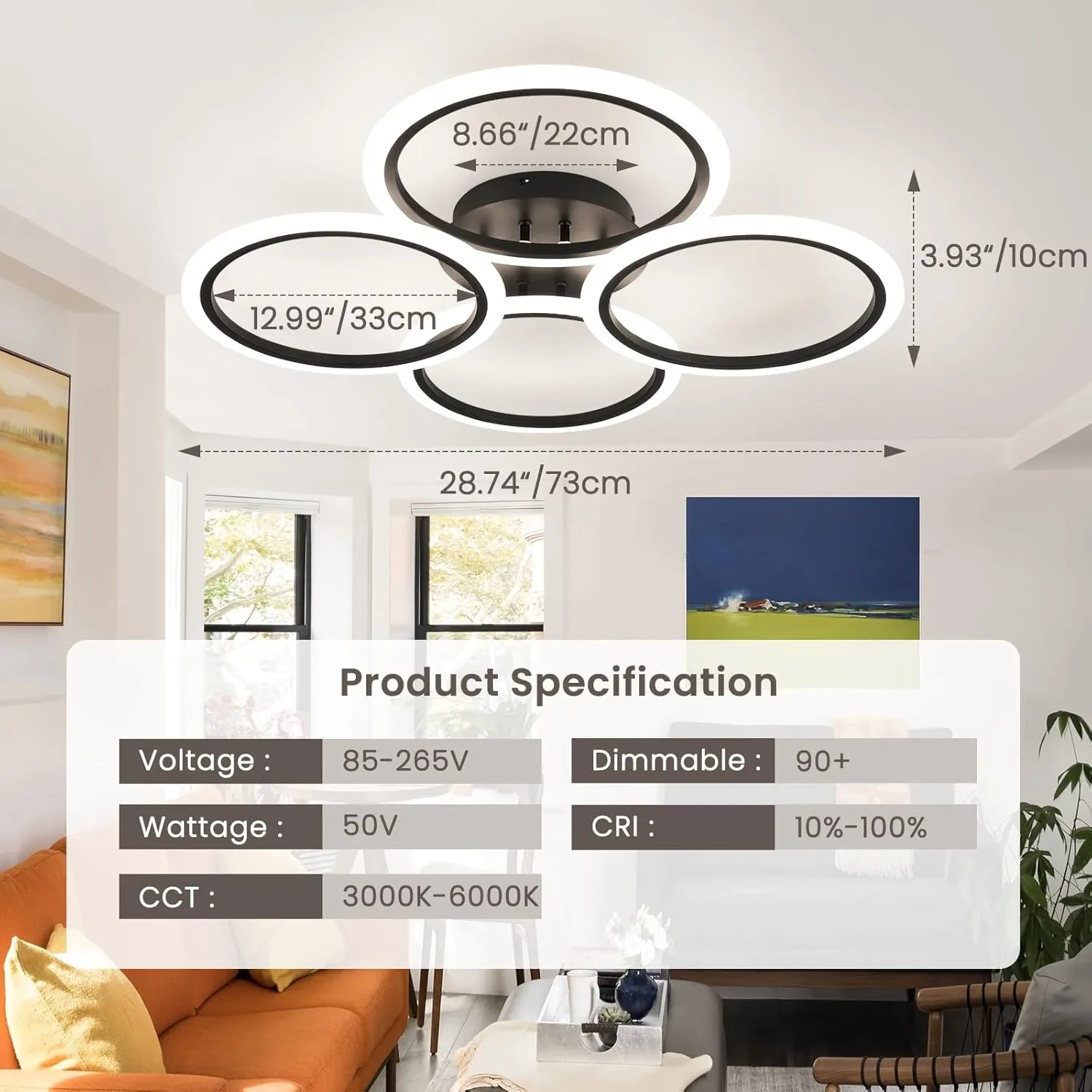 Смарт LED полилей/плафон с 4 пръстена и дистанционно за таван (димер, 3000–6000K) — снимка 2