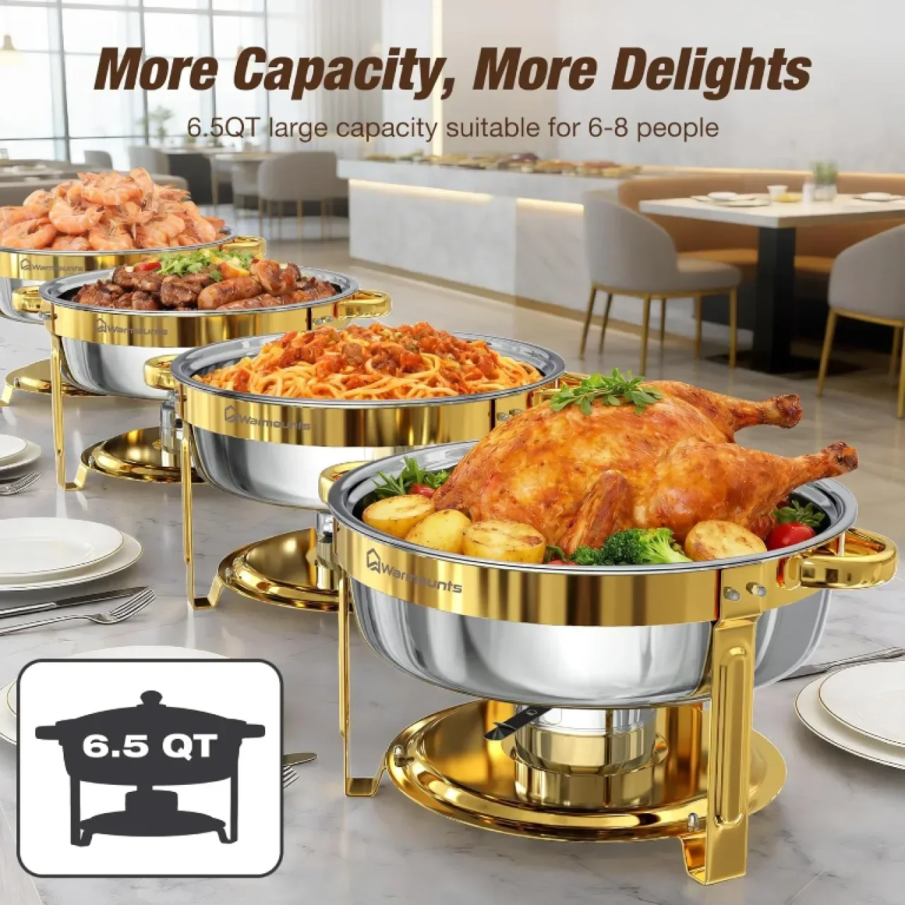 Комплект за бюфет WARMOUNTS 6L Gold Chafing Dish, 2 броя, кръгли съдове за затопляне с капак — снимка 2