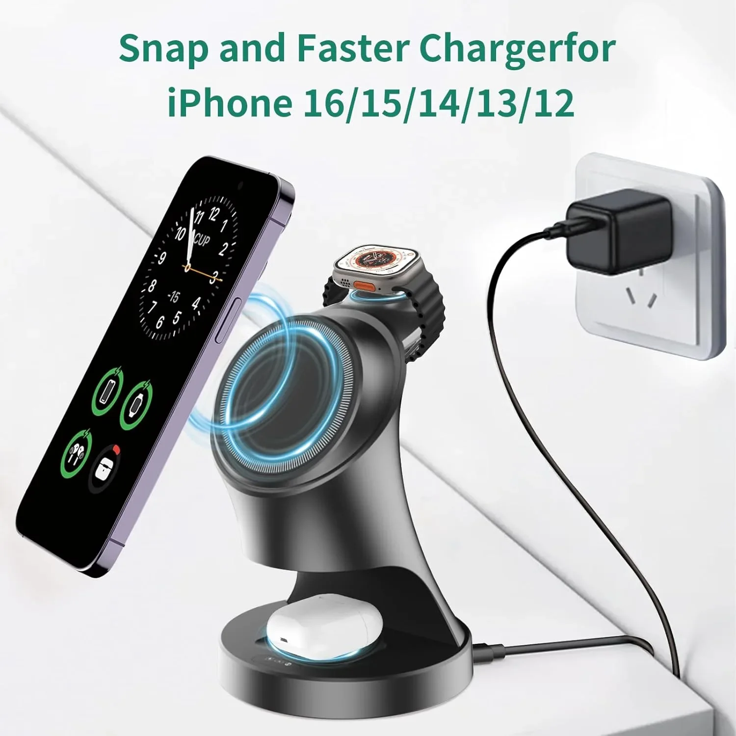 3-в-1 магнитно безжично зарядно за iPhone/iWatch/AirPods до 15W — снимка 2