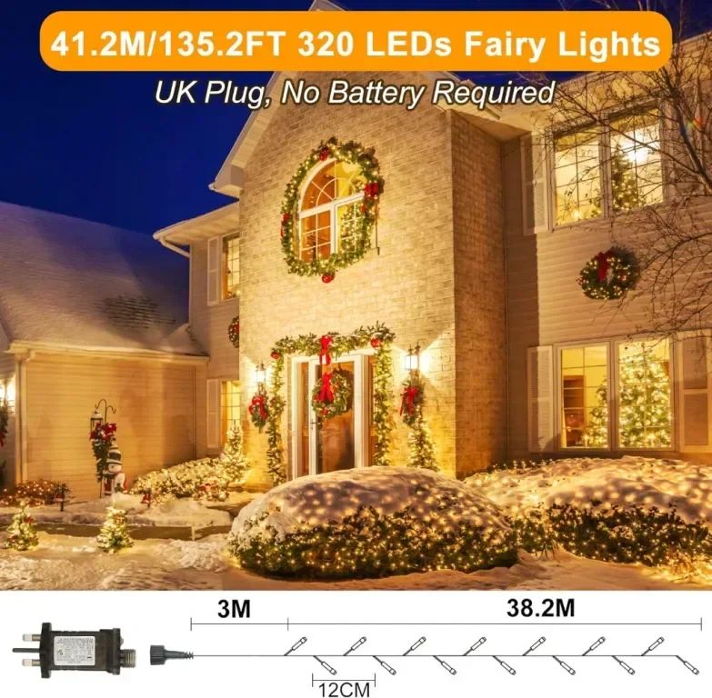 Realky коледни лампички, 41,2 м, 320LED водоустойчиви, с 8 режима, дистанционно, (топло бяло) — снимка 2