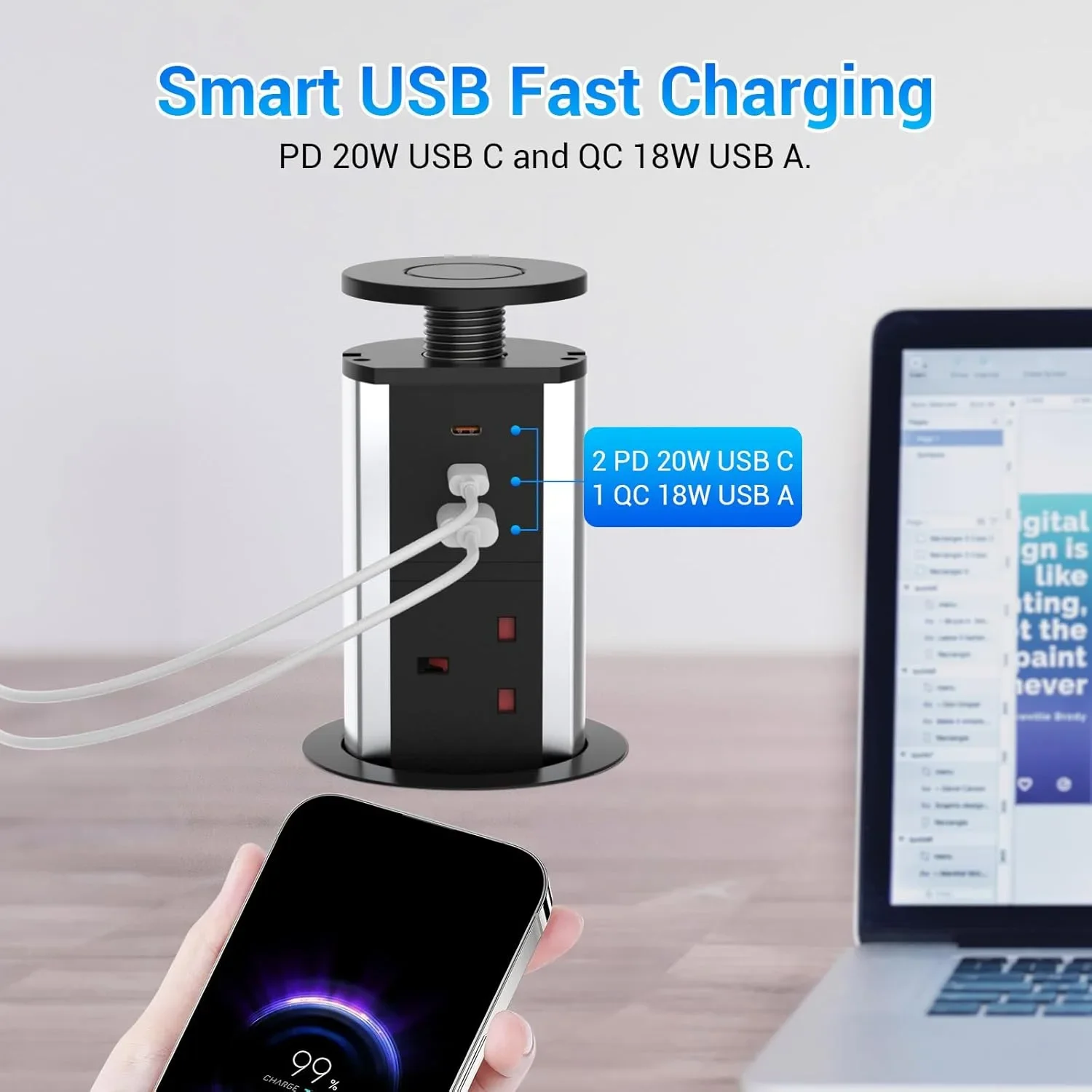 Hanstore Pop-Up разклонител с издърпващ модул, 3 гнезда и 3 порта (2x Type-C и 1x USB-A) — снимка 2