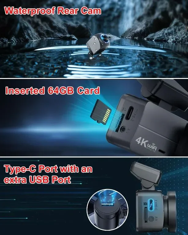 Предна и задна камера за управление 4K+1080P, WiFi, 64GB SD карта, с нощно виждане, G-сензор — снимка 7