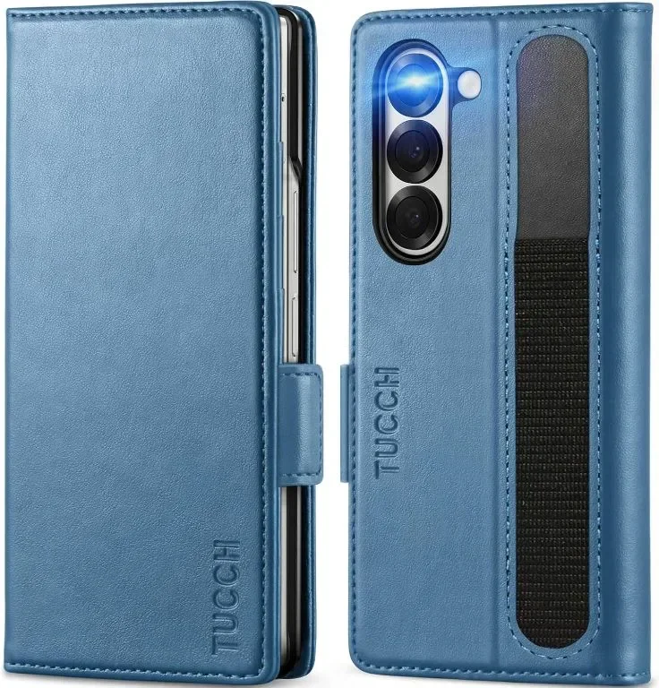 Калъф TUCCH за Galaxy Z Fold 6 (7,6") 5G, PU кожа с държач за писалка S, стойка, езерно синьо