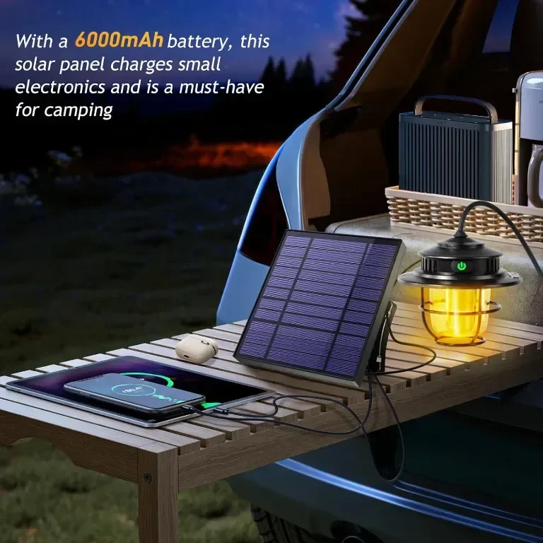 XRDZYXGS Лампа за къмпинг, акумулаторна 2000mAh 1000LM, водоустойчива с 6000mAh соларен панел — снимка 4
