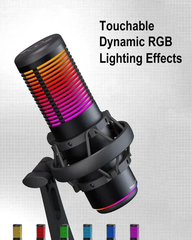 USB микрофон за игри HITOZON, USB кондензаторен микрофон с RGB, заглушаване, усилване, наблюдение