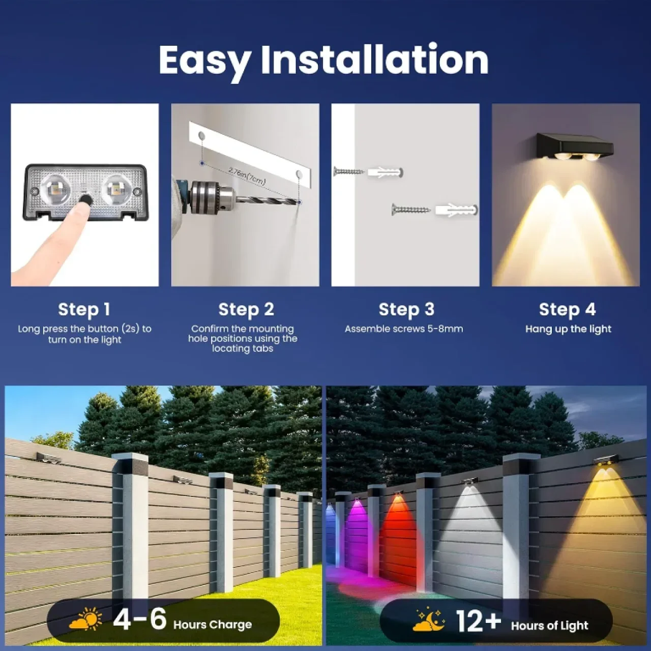 Solpex Соларни осветителни тела за огради, 9 цвята 11 режима RGB, 2 броя — снимка 5