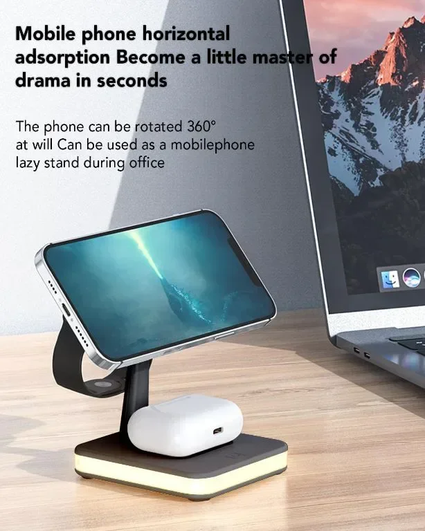 GLILAVOX 4 в 1 безжична зарядна станция със светлина и 1 порт usb за Apple (черен) — снимка 5