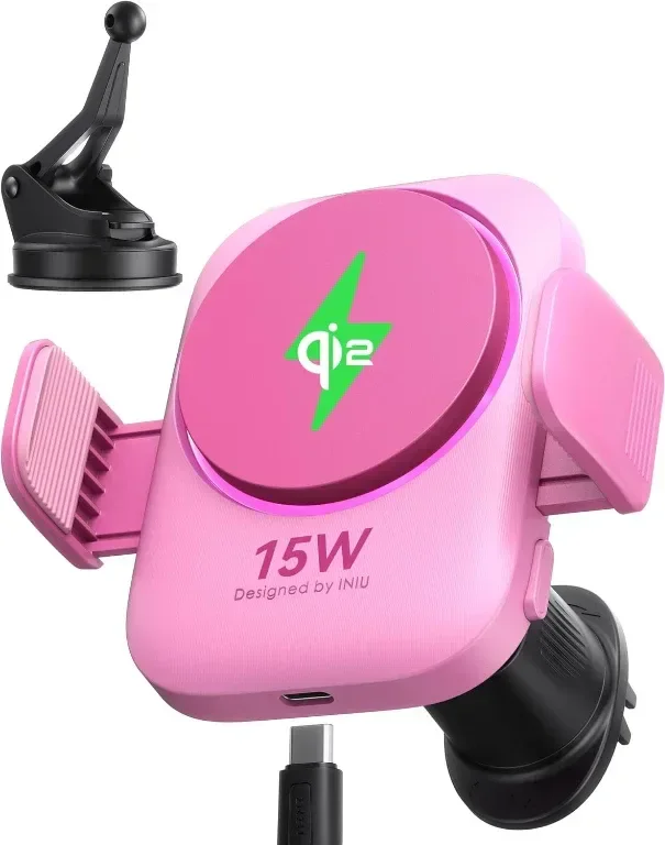 INIU Qi2 магнитно безжично зарядно за кола [15W, розово], RGB
